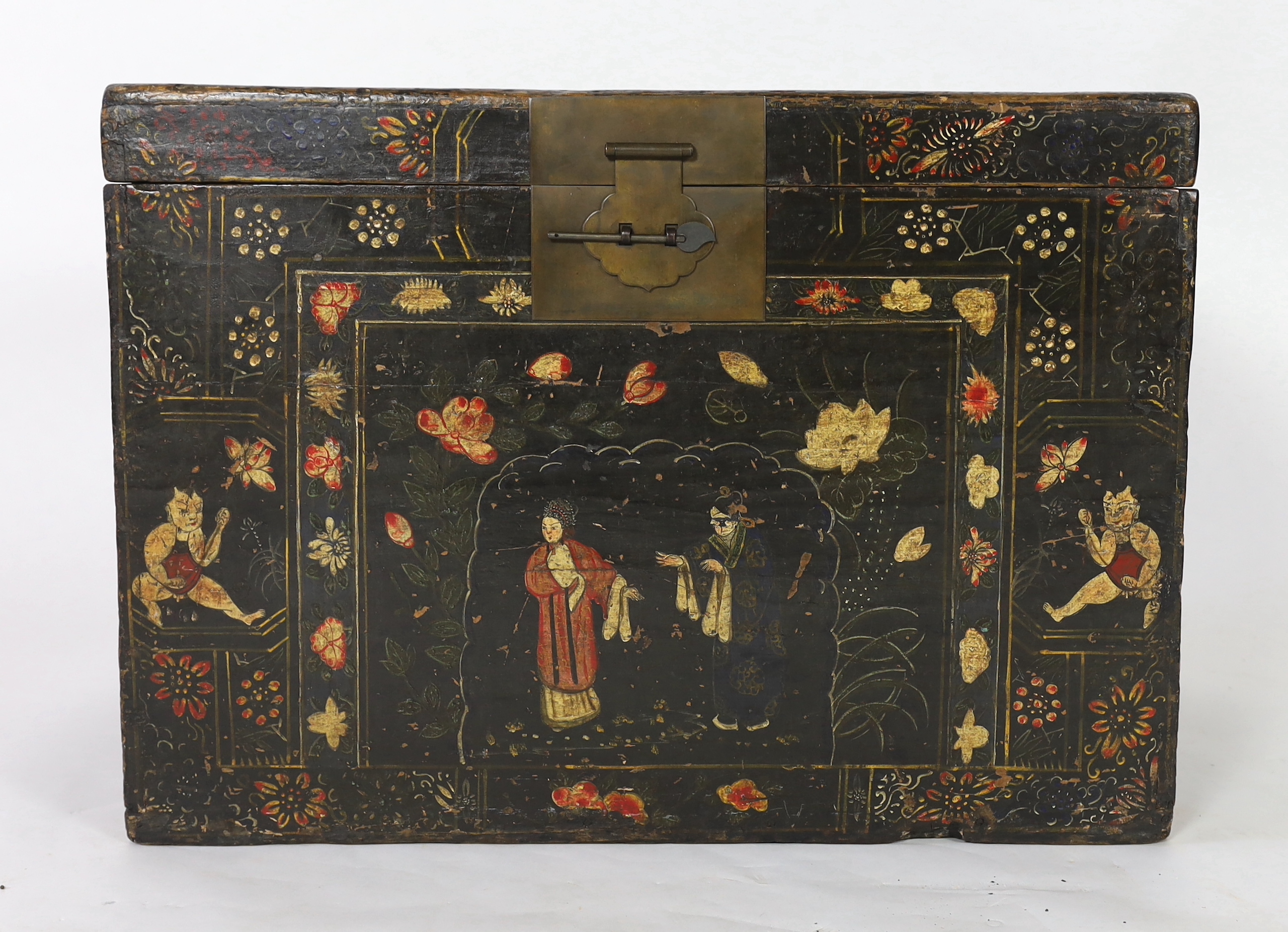 A Chinese lacquer trunk, width 84cm, depth 53cm, height 60cm